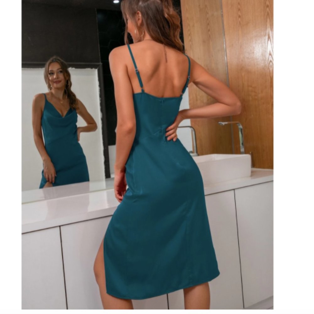 Teal Satin High Thigh Slit Cami Dress Sz S New - Picture 5 of 5
